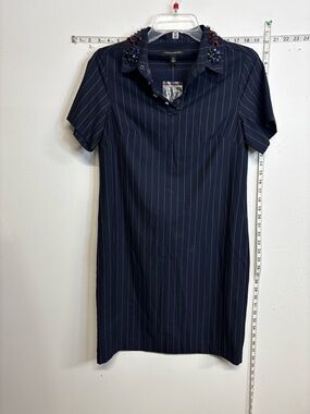 Banana Republic Navy Pinstripe Short-Sleeve Dress with Beaded Collar